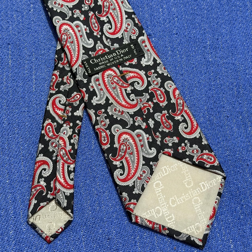 CHRISTIAN DIOR Black and Red Paisley Men's Tie USA MADE WOVEN FABRIC 55” Long